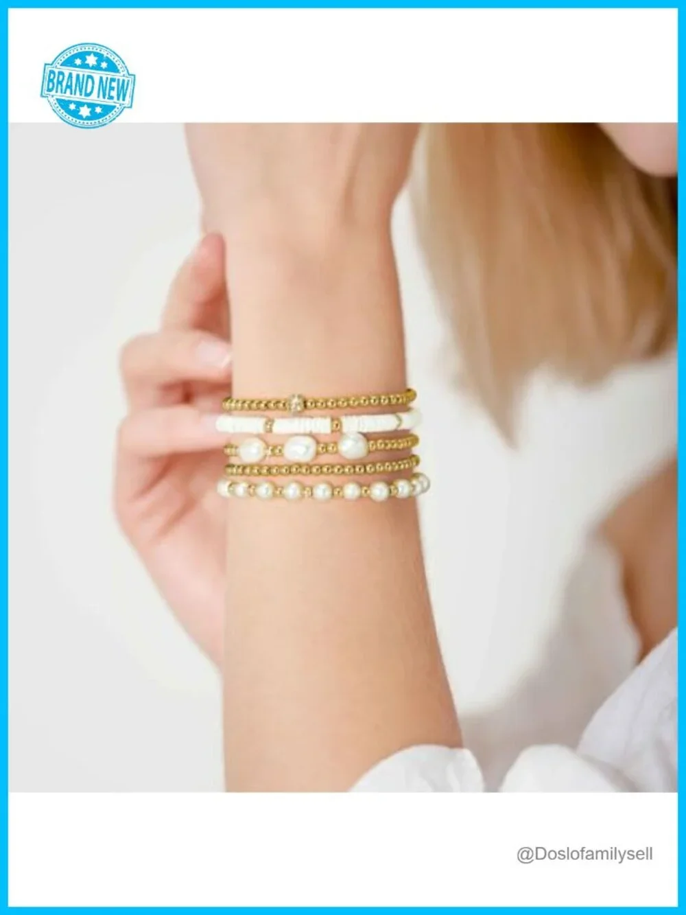 14K Gold Plated Stretch Bead Ball Bracelet Stack - 5pcs Pearl Beaded Bracelets
